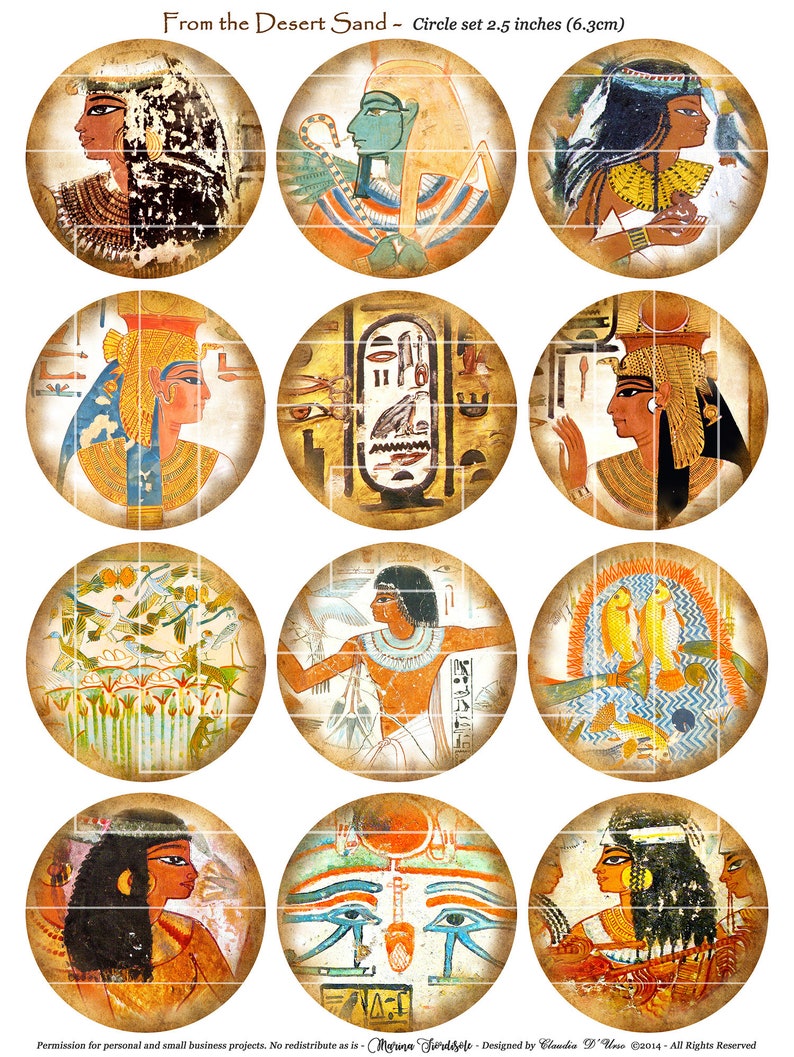 Immagini di arte egiziana per il download Cerchi da 2 pollici Foglio di collage digitale da 2,5 pollici, stampabile dell'Antico Egitto image 3