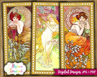 Alphonse Mucha image printable bookmarks, digital collage sheet Art Nouveau, downloadable files