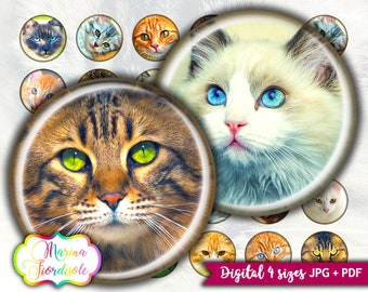 Cats digital collage sheet: images for jewelry, circle 1 inch, 1.5 inch, 20mm, 12mm