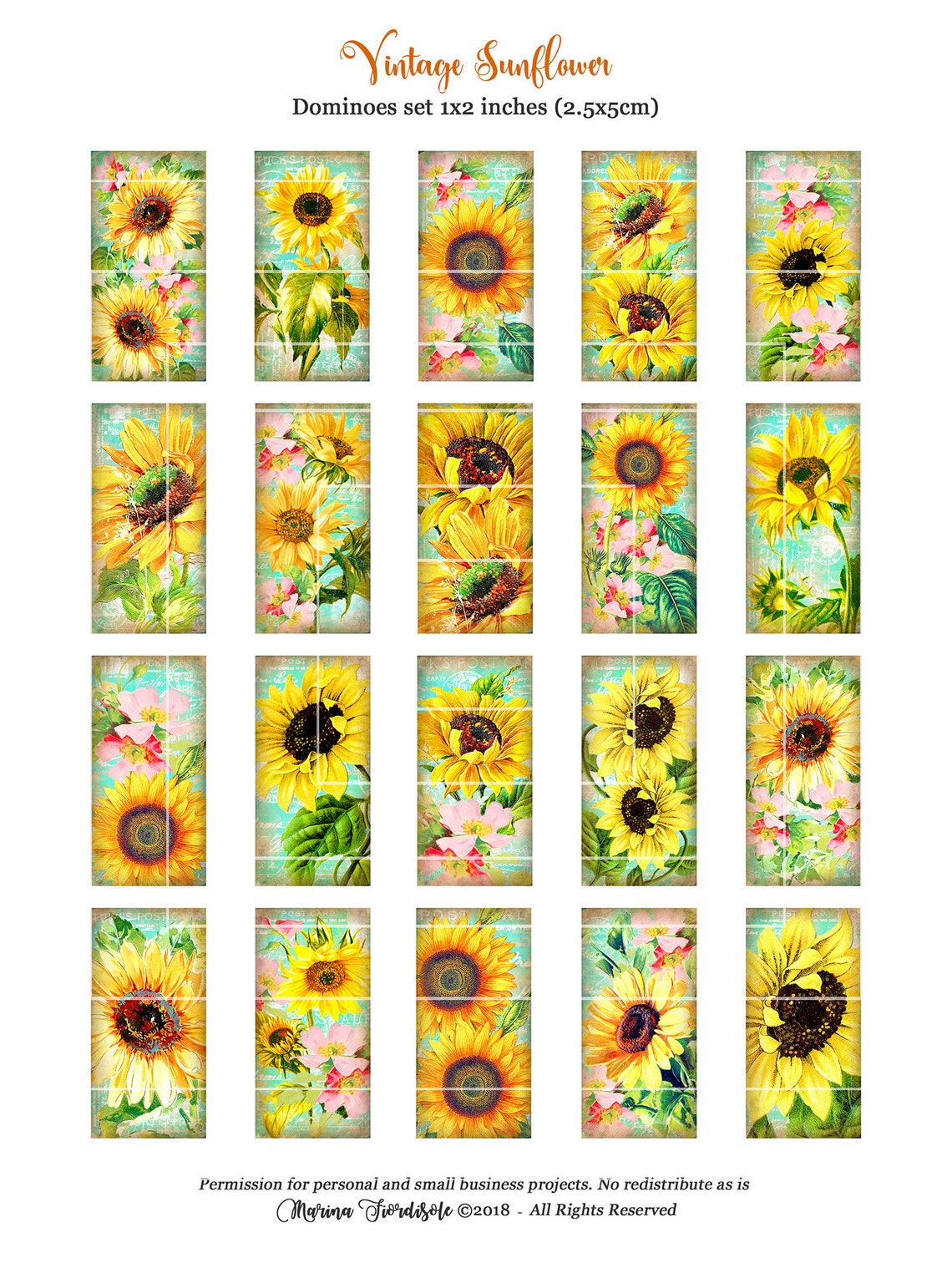 Vintage Sunflowers printable images 1x2 inch domino digital | Etsy
