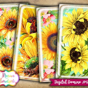 Vintage Sunflowers printable images 1x2 inch domino digital collage sheet, instant download cabochon