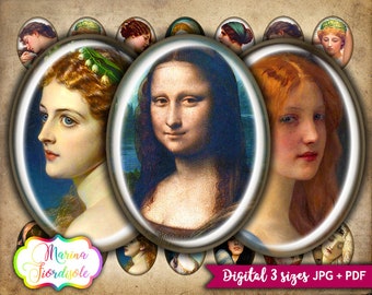 Classic Beauty digital collage sheet 40x30mm oval, 30x22mm, 25x18mm printable images, instant download