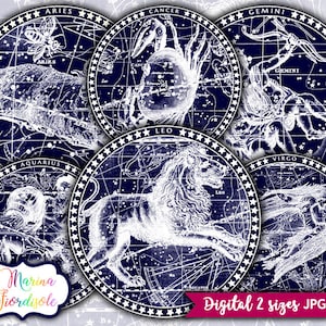 Foglio di collage digitale con segni zodiacali vintage delle costellazioni, rotondo da 2 pollici e 2,5 pollici, scarica immagini stampabili