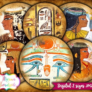 Images d'art égyptien à télécharger, cercles de 2 pouces, feuille de collage numérique de 2,5 pouces, Egypte antique imprimable