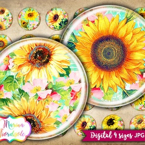 Digital collage sheet Vintage Sunflowers instant download cabochon circle 1 inch, 12mm, 20mm, 1.5 inch images printable