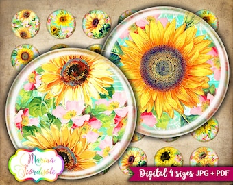 Vintage Sunflower Digital Collage Sheets: Circle 1 inch, 12mm, 20mm, 1.5 inch Images