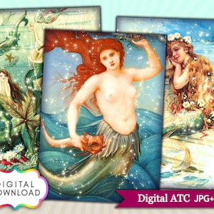 File digitale Vintage Mermaid, foglio di collage digitale ATC, carta stampabile con download immediato