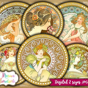 Alphonse Mucha image instant download Art Nouveau digital collage sheet 2 inch 2.5 inch round printable