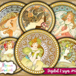 Alphonse Mucha image, instant download Art Nouveau digital collage sheet 2 inch, 2.5 inch round printable
