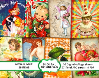 Digital collage sheets cards, instant download, ATC printable images pdf, mega bundle 2/2