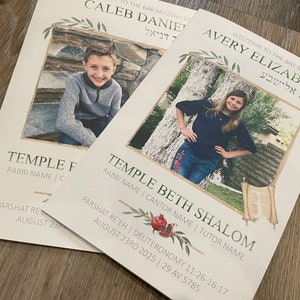 May include: Two white paper programs for a Bar Mitzvah and a Bat Mitzvah featuring green text, botanical illustrations, and a pomegranate graphic. The programs display names, Temple Beth Shalom, and the date August 23rd, 2025, with Hebrew script.