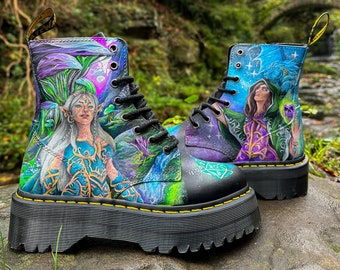 Custom Fantasy Dr Martens Hand Painted Dungeons and Dragons D and D Wizard Elf Nymph Character RPG Art