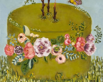 Floral Cake Art Print: Whimsical Garden Party Ink Jet Painting