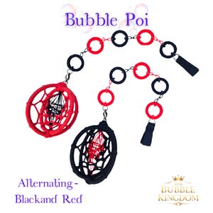 May include: Two Bubble Poi sets in red and black. Each set features a circular frame with a woven interior, connected by a chain of alternating red and black rings. The text "Bubble Poi" and "Alternating - Black and Red" are visible.