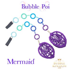May include: Two Bubble Poi toys with a mermaid theme. Each poi features a series of colourful rings in shades of blue, green, and purple, connected to a handle and a purple dreamcatcher-style end. The text "Bubble Poi" and "Mermaid" are visible.