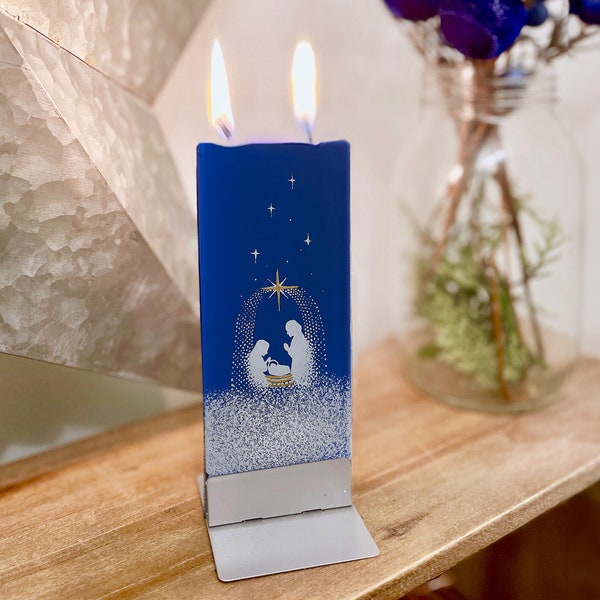 Hand Painted Flat Candle | Night Miracle | Small Unique Gift | Nativity Christmas Candle | Christmas Shelf Décor