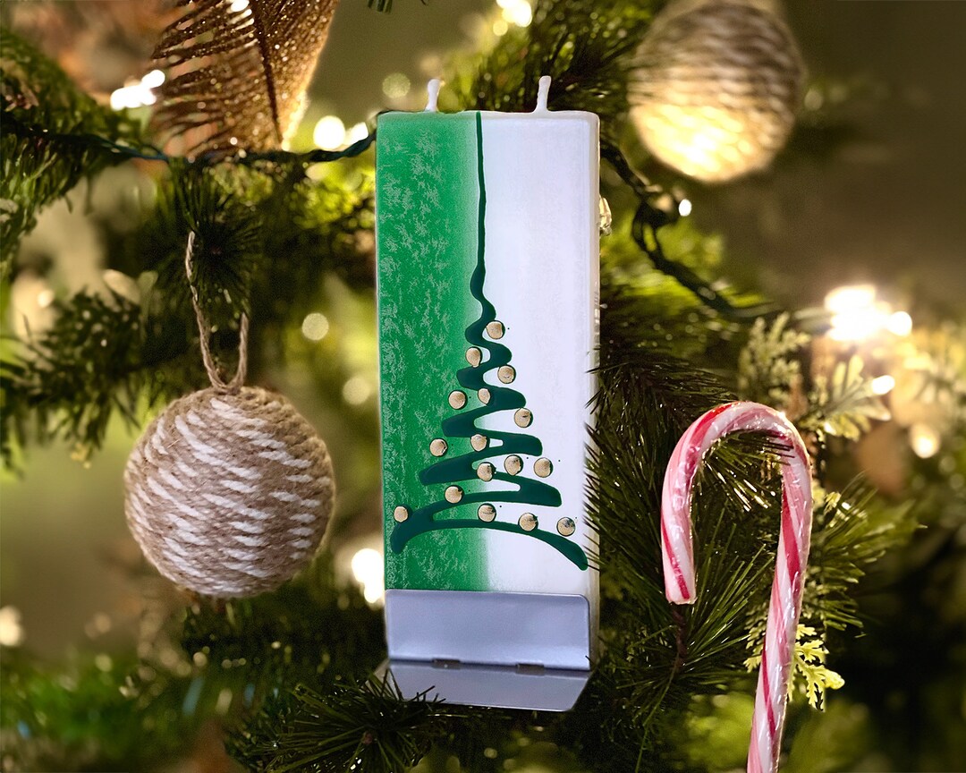 Hand Painted Flat Candle Green and White Christmas Tree Small Unique Gift Christmas Tree Candle