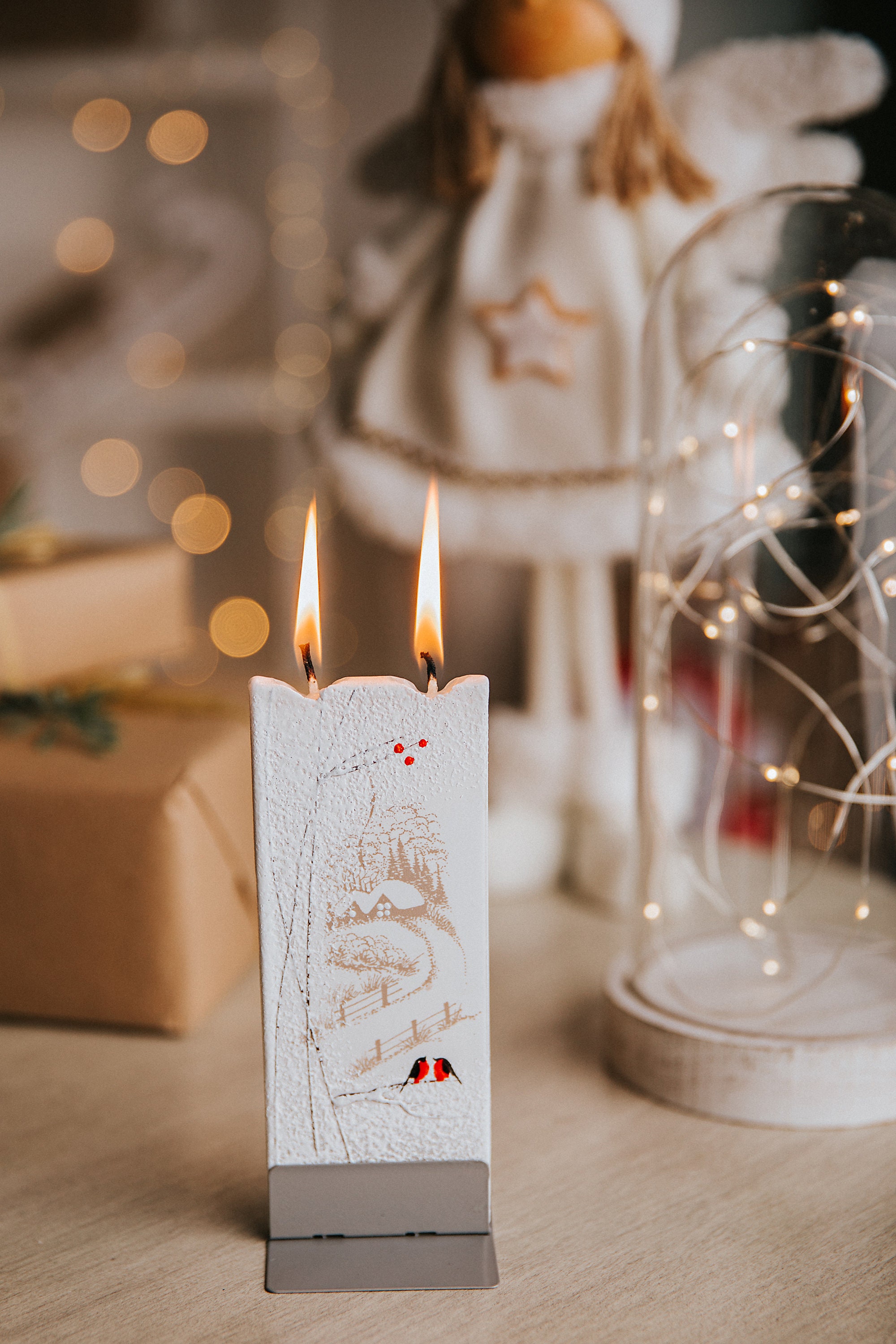 Hand Painted Flat Candle Winter Landscape with Birds Small Etsy