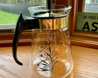 Vintage Pyrex Carafe Coffee Pot Gold Floral Wheat Design