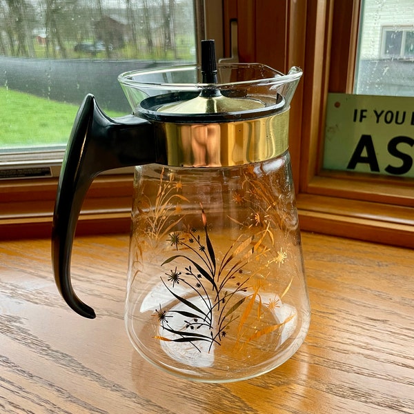 Vintage Pyrex Carafe Coffee Pot Gold Floral Wheat Design