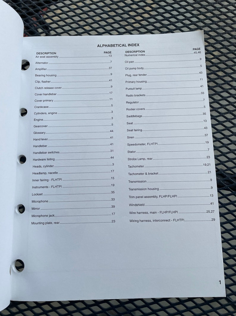 May include: A black and white alphabetical index page with a list of motorcycle parts and their corresponding page numbers. The page is titled "Alphabetical Index".