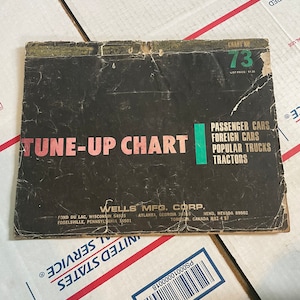 Vintage Wells Mfg. Tune Up Chart Car Shop Service Manual