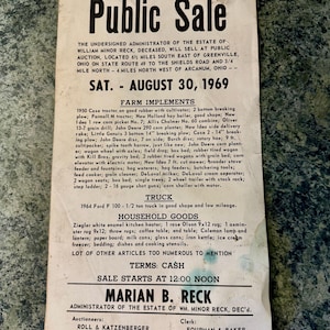 Cartel de venta pública de subasta de bienes raíces de 1969 en Greenville, Ohio, condado de Preble