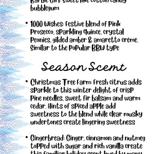 Op de afbeelding: Een lijst met geuren met beschrijvingen. Geuren zijn onder meer Cherry Bomb, Barbie Girl, 1000 Wishes, Christmas Tree Farm, Gingerbread en Christmas Without You. De tekst is in een handschrift.