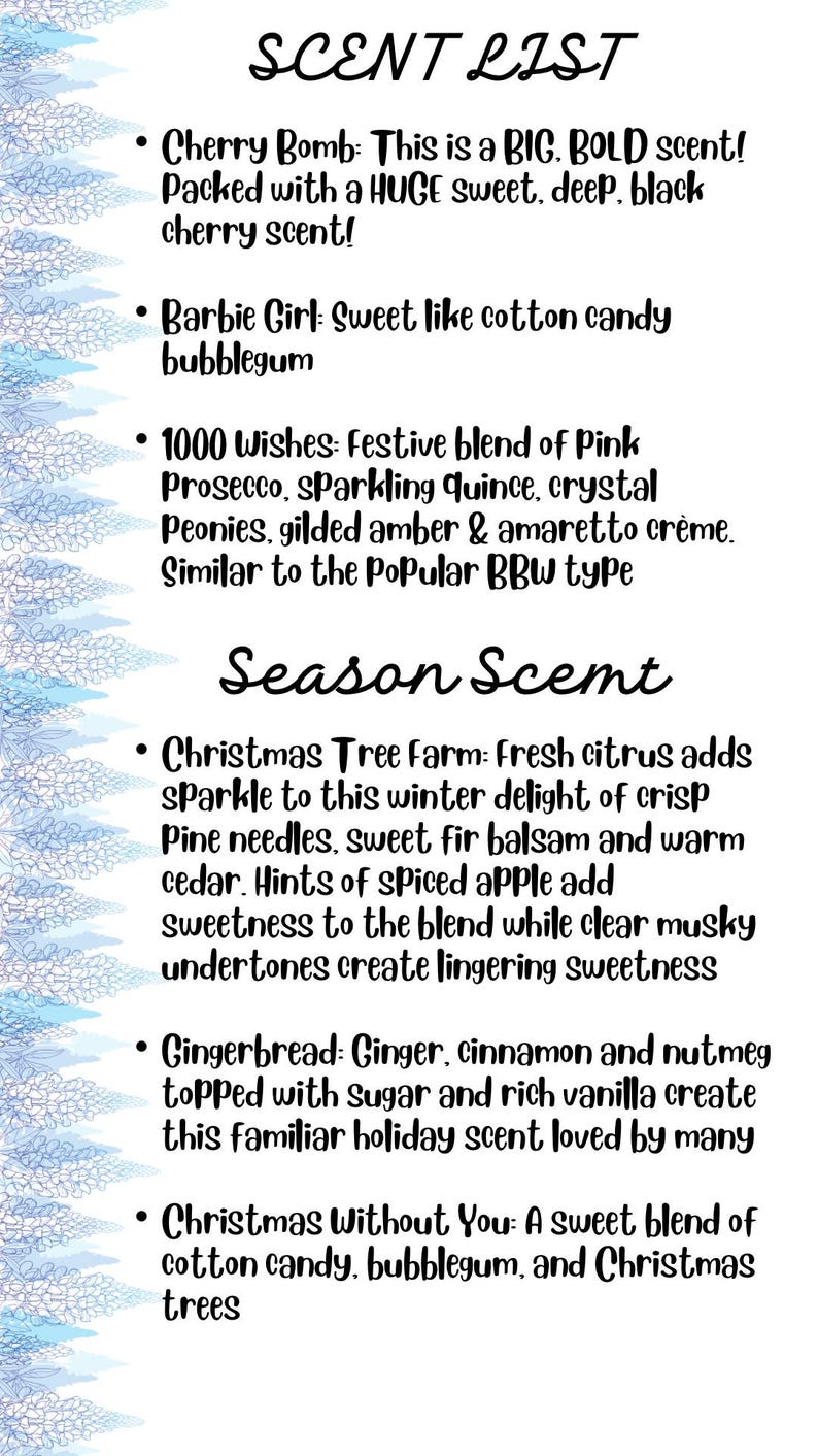Op de afbeelding: Een lijst met geuren met beschrijvingen. Geuren zijn onder meer Cherry Bomb, Barbie Girl, 1000 Wishes, Christmas Tree Farm, Gingerbread en Christmas Without You. De tekst is in een handschrift.