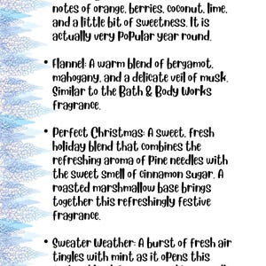 Op de afbeelding: Een lijst met seizoensgeuren met beschrijvingen. Geuren zijn onder meer Snack Cake, Witches' Brew, Flannel, Perfect Christmas en Sweater Weather. Elke geurbeschrijving beschrijft de geurnoten en het algemene aroma.