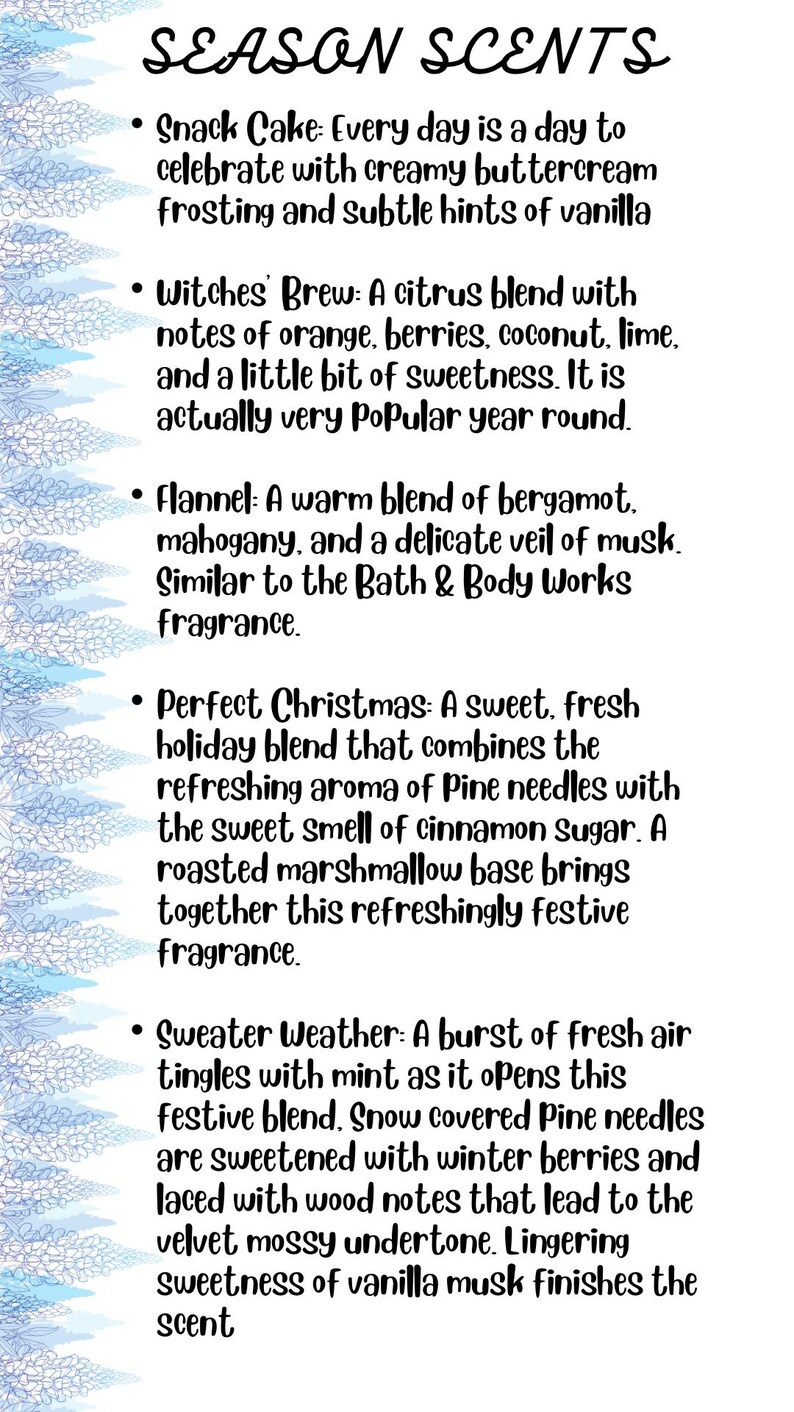 Op de afbeelding: Een lijst met seizoensgeuren met beschrijvingen. Geuren zijn onder meer Snack Cake, Witches' Brew, Flannel, Perfect Christmas en Sweater Weather. Elke geurbeschrijving beschrijft de geurnoten en het algemene aroma.