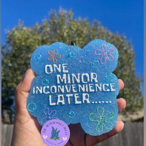 Op de afbeelding: Een lichtblauwe, glinsterende luchtverfrisser met de tekst "ONE MINOR INCONVENIENCE LATER....." en bloemmotieven. De luchtverfrisser wordt in een hand gehouden tegen een blauwe hemel.