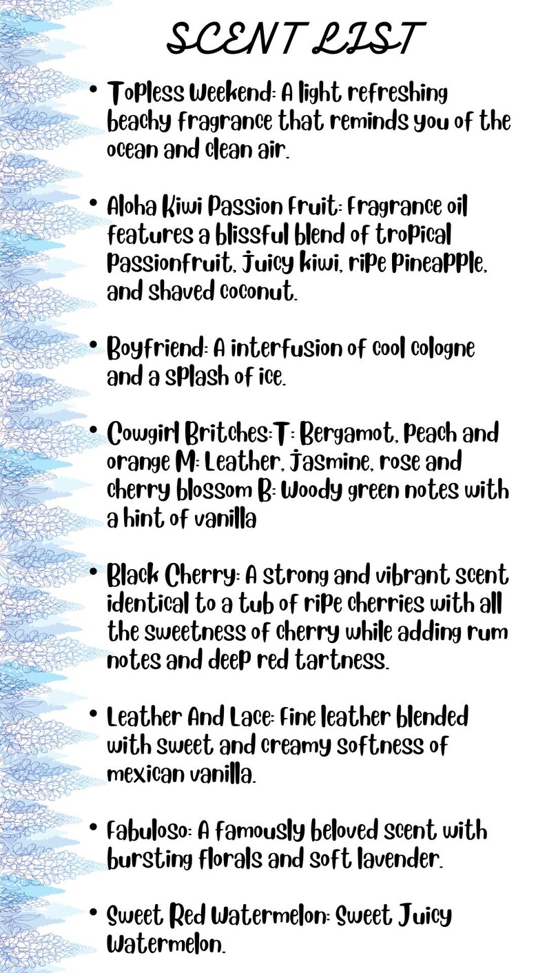 Op de afbeelding: Een handgeschreven "SCENT LIST" met geurbeschrijvingen zoals "Topless Weekend" en "Aloha Kiwi Passion Fruit". De lijst bevat geurnoten zoals kers, vanille en watermeloen. De tekst is zwart op een witte achtergrond.