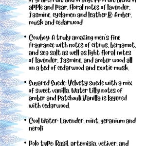 Op de afbeelding: Een lijst met geurbeschrijvingen, waaronder "Drunken Cowboy" met ananas, kokosnoot en leer, en "Cowboy Britches" met citrus-, appel- en bloemige noten. De lijst staat op een lichtblauwe achtergrond.