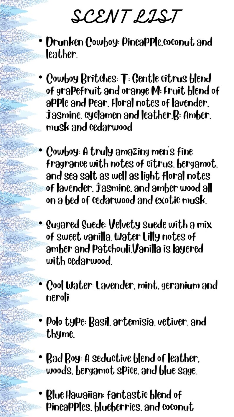 Op de afbeelding: Een lijst met geurbeschrijvingen, waaronder "Drunken Cowboy" met ananas, kokosnoot en leer, en "Cowboy Britches" met citrus-, appel- en bloemige noten. De lijst staat op een lichtblauwe achtergrond.