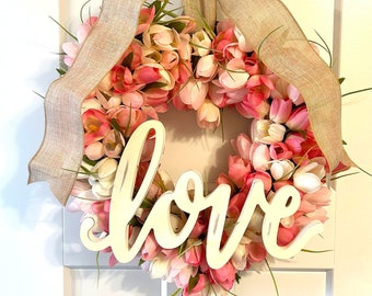 Pink & White Love Heart Wreath,Pink White Tulips,Spring Decor,Heart Shaped Love Wreath,Door Hanger,Porch Design,Summer Front Door Floral