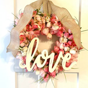Pink & White Love Heart Wreath,Pink White Tulips,Spring Decor,Heart Shaped Love Wreath,Door Hanger,Porch Design,Summer Front Door Floral
