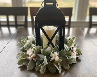 Lambs Ear & Cotton Bolls Centerpiece Wreath,Lantern Wreath,Candle Wreath,Farmhouse Decor,Country Style Kitchen,Tablescapes,Wedding Center