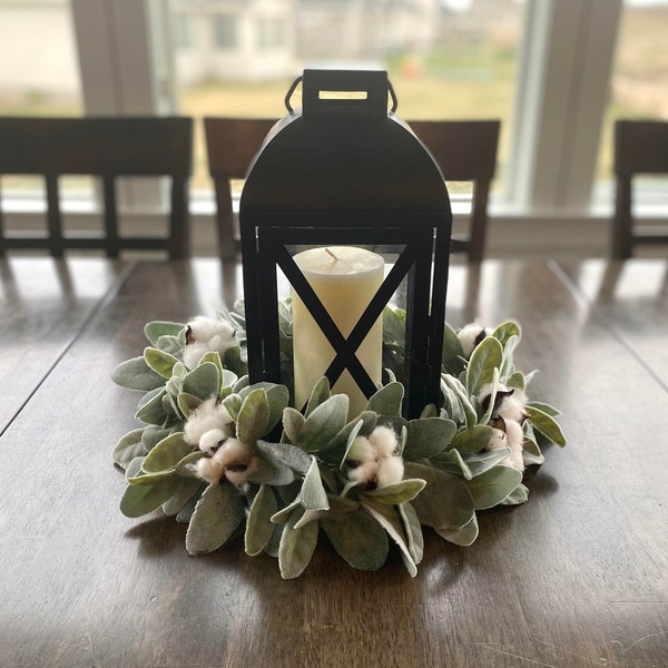 Lambs Ear & Cotton Bolls Centerpiece Wreath,Lantern Wreath,Candle Wreath,Farmhouse Decor,Country Style Kitchen,Tablescapes,Wedding Center