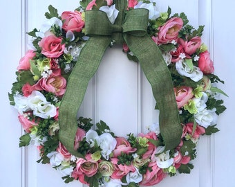 Cottage Floral Wreath,Roses Ranunculus Wreath,24" Wreath,Housewarming,Gift for Her,Summer Wreath,All Season Wreath,Pink Wreath,Spring Decor