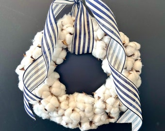 16" Cotton Boll Wreath,Farmhouse Decor,Ribbon Stripes,Country Kitchen,Spring Porch,White Home Design,Classic Front Door,Cotton Ball Hanger