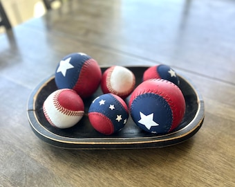 Americana Painted Baseballs & Softballs,Red White Blue,Stars Stripes July 4th Decor,Flag Design,Lets Play Ball,Independence Day Tablescape