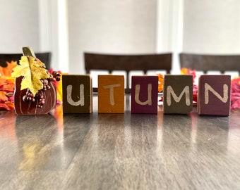 Autumn Decor Blocks: Pumpkin & Lettered Fall Mantel Centerpiece