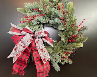 Large 24&quot; Pine Wreath,Holiday Front Door Decor,Christmas Porch Decor,Front Door Hanger,December Design,Farmhouse Winter,Red Pips,Large Bow