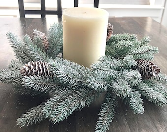 16&quot; Flocked Pine Centerpiece Wreath,Artificial Pine Wreath,Pinecone Candle Wreath,Frosted Pine Wreath,Table Centerpiece,Wedding Centerpieces