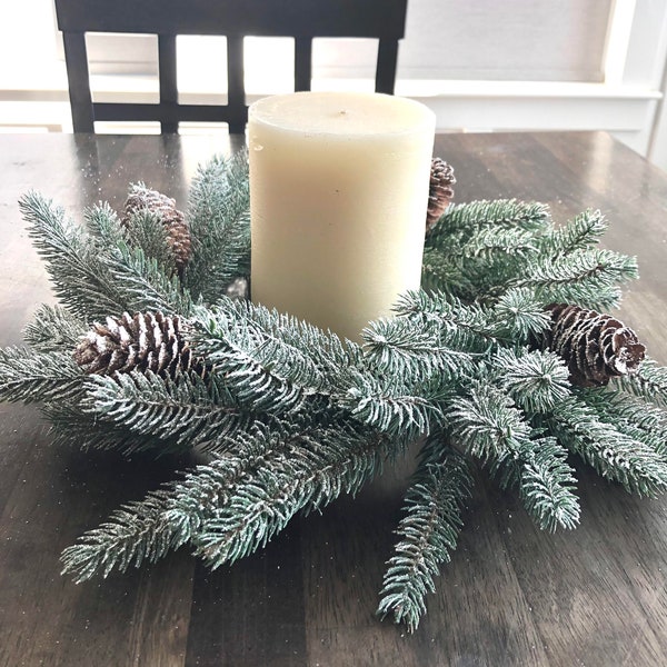 Flocked Pine Centerpiece Wreath: Artificial Pinecone Candle Ring (16")