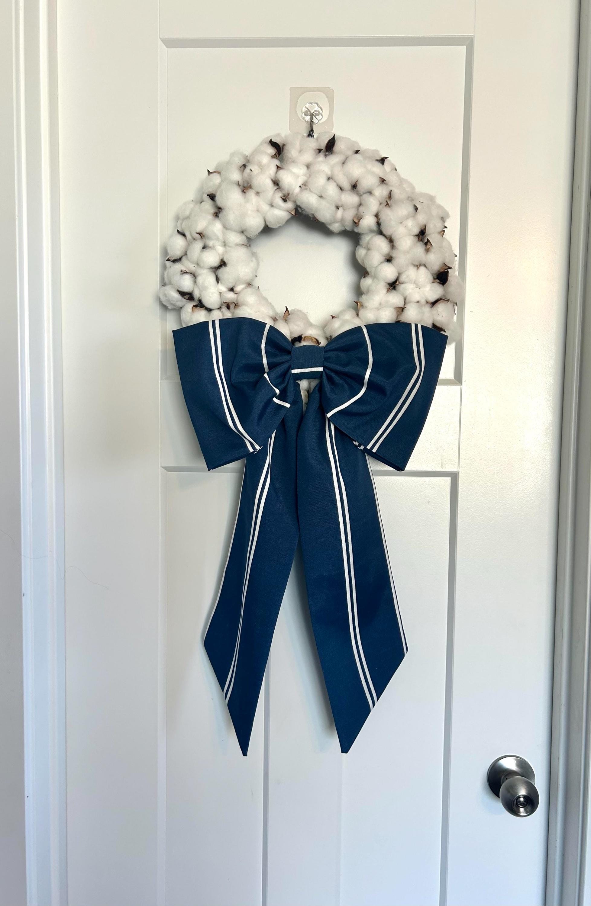 21 Winter Wreath Ideas Beyond Christmas 13 Cotton Boll Wreath: 16" Farmhouse Decor with Navy Striped Bow