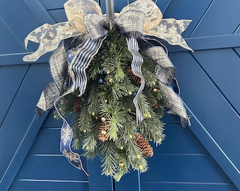 22&quot; Gold & Blue Swag,Tear Drop Front Door Wreath,Pine Cones and Pips,Merry Christmas Decor,Holiday Porch Wreath,Farmhouse Door Hanger,