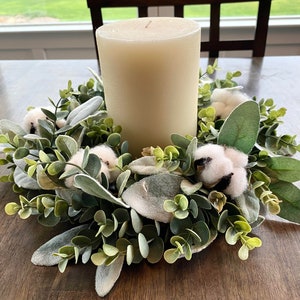 Cotton Eucalyptus Lambs Ear Wreath: Farmhouse Candle Centerpiece
