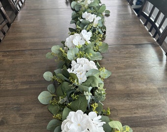 Floral Eucalyptus Garland,Artificial Seeded,Silver Dollar & Baby Blue,Table Runner,Wedding Strand,Mantel Table Centerpiece,White Hydrangeas